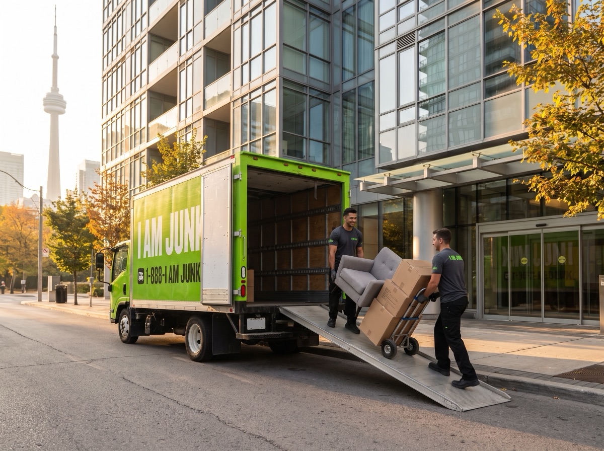 An I AM JUNK crew wheeling boxes and an armchair to their lime green truck outside a downtown Toronto condo tower, CN Tower in the background