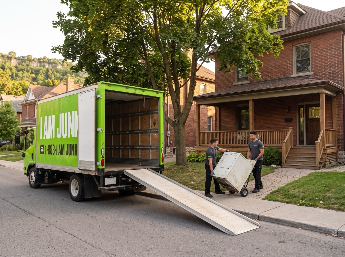 A lime green I AM JUNK truck parked outside an older brick Kitchener home while the crew loads an appliance