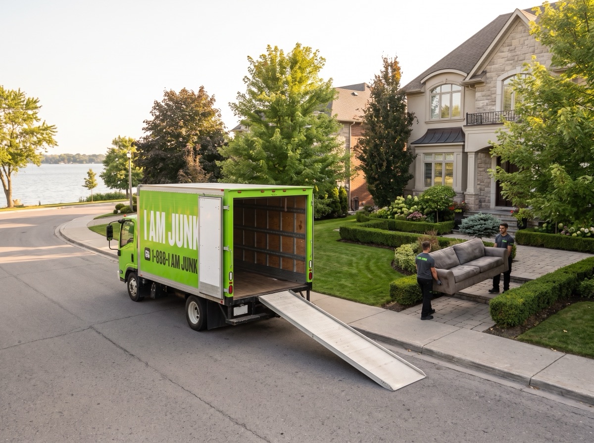 A lime green I AM JUNK truck at the curb of a landscaped Burlington street while the crew carries a sofa