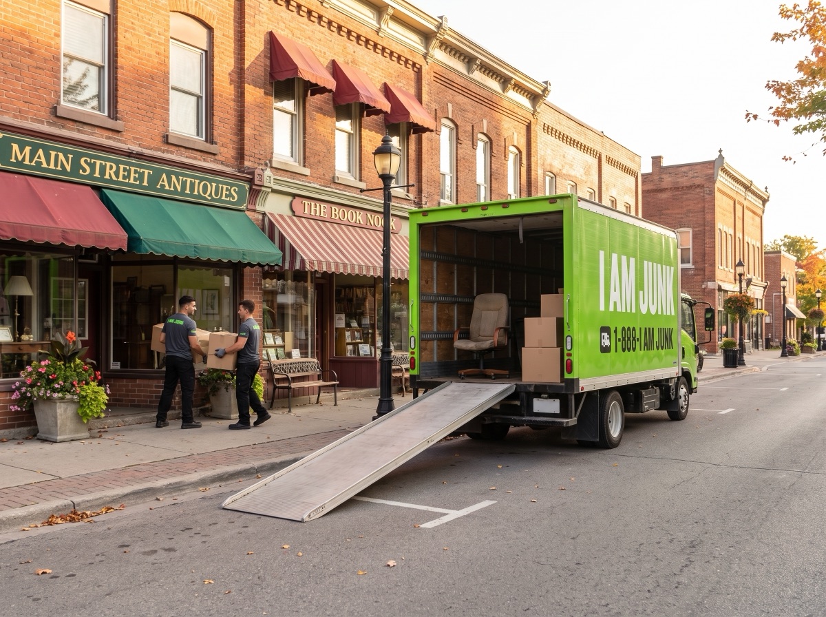 A lime green I AM JUNK truck parked on a small town street in Caledon while the crew loads furniture