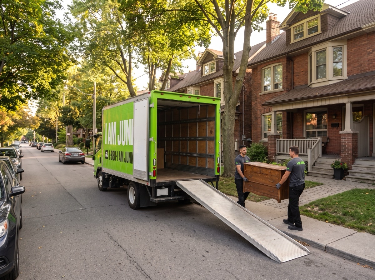 I AM JUNK crew carrying a dresser to their lime green truck on a quiet Downsview street