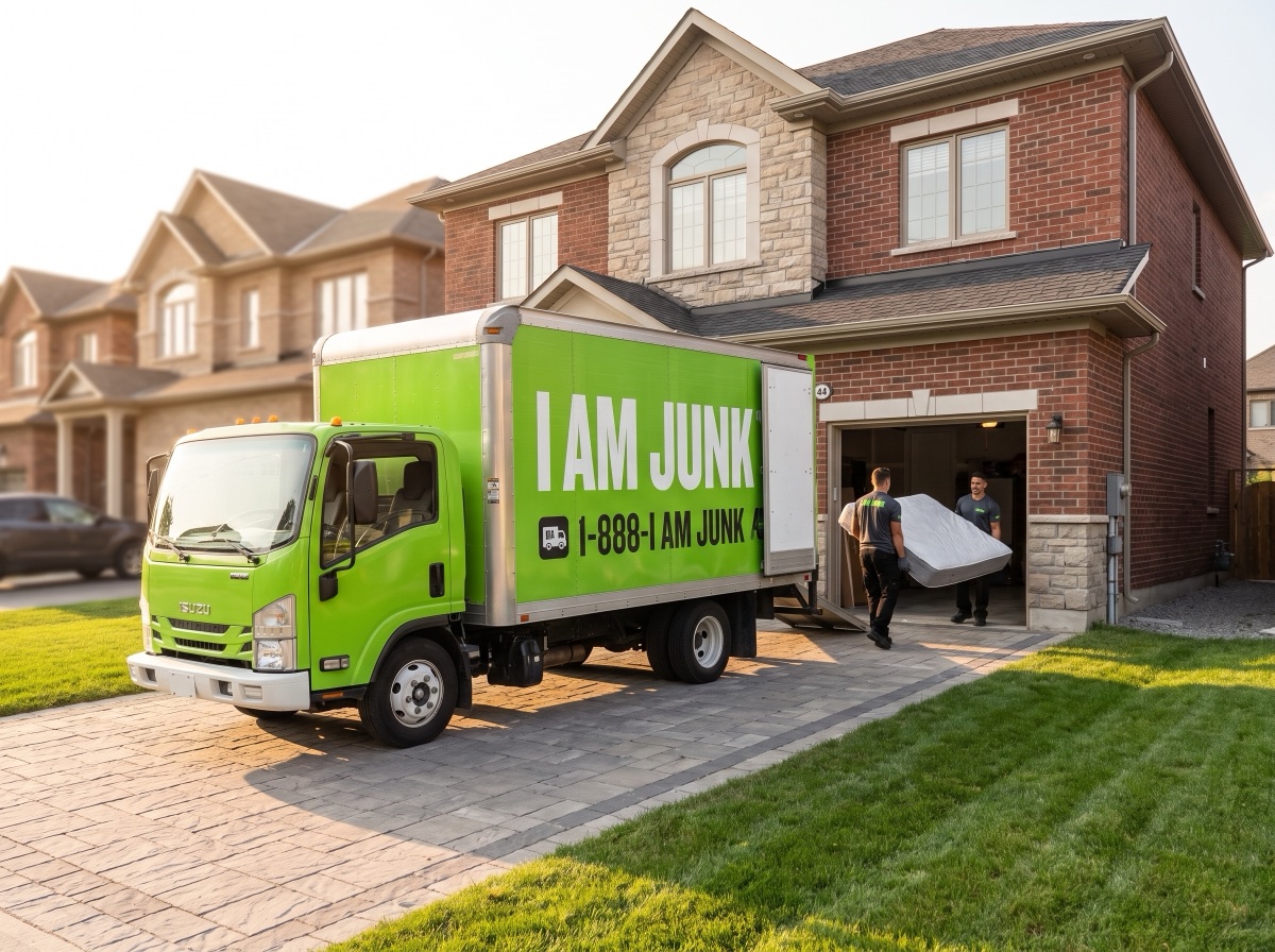 I AM JUNK crew loading a mattress into their lime green truck in the driveway of a Maple home